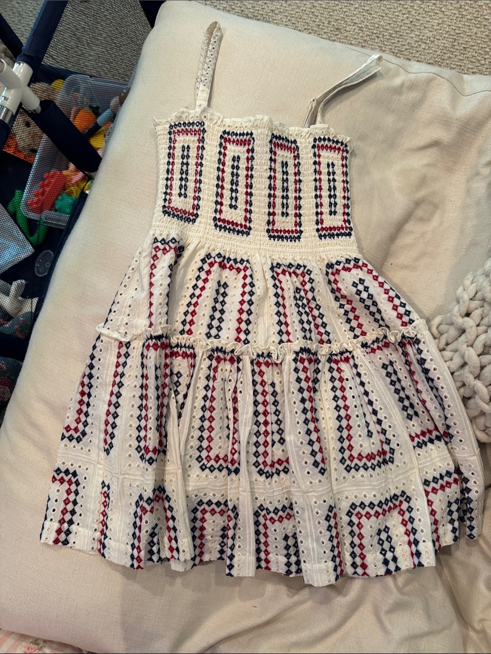 Hill House Ivory Sundress with Red & Navy Embroidery